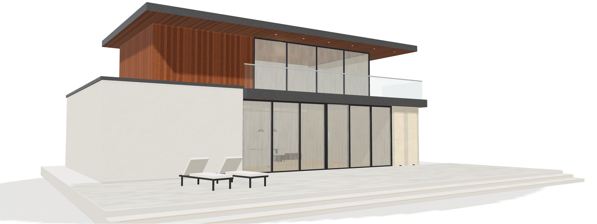3D-Animation: Die verschmutzte Verglasung einer modernen Villa wird Scheibe für Scheibe gereinigt, danach die Obergeschoss-Fenster und die Terrasse (Glas, Muschelkalk & Terrasse)