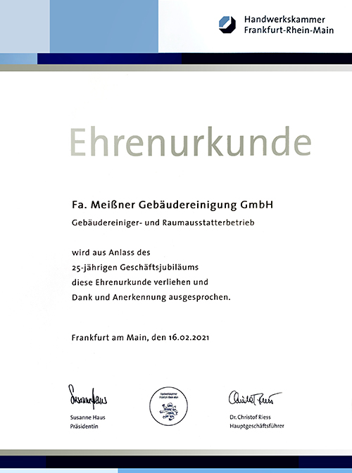 Ehrenurkunde zum 25-jährigen Geschäftsjubiläum