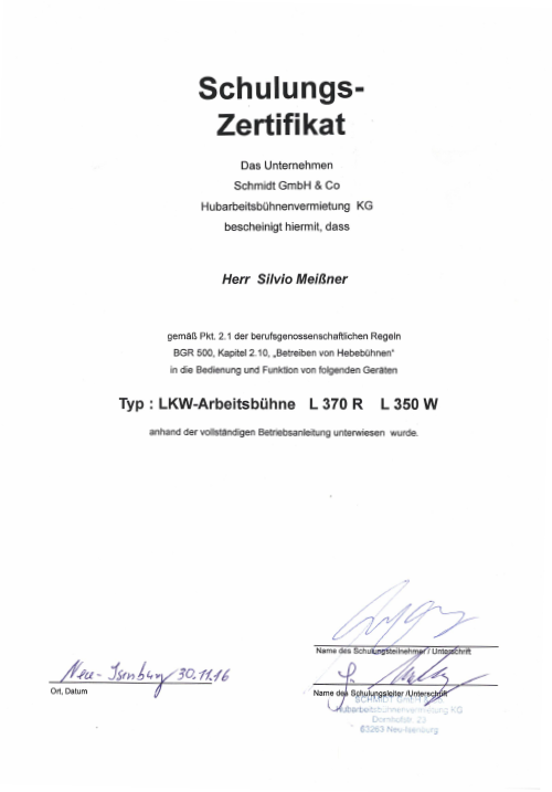 Schulungszertifikat LKW-Arbeitsbühne