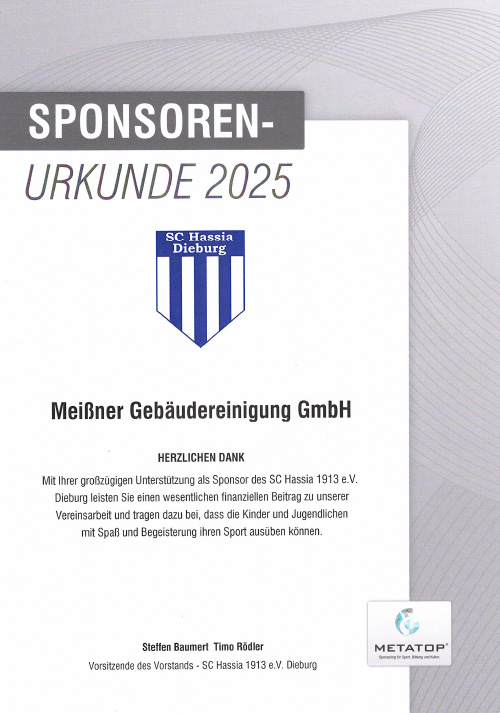 Sponsoren-Urkunde SC Hassia Dieburg