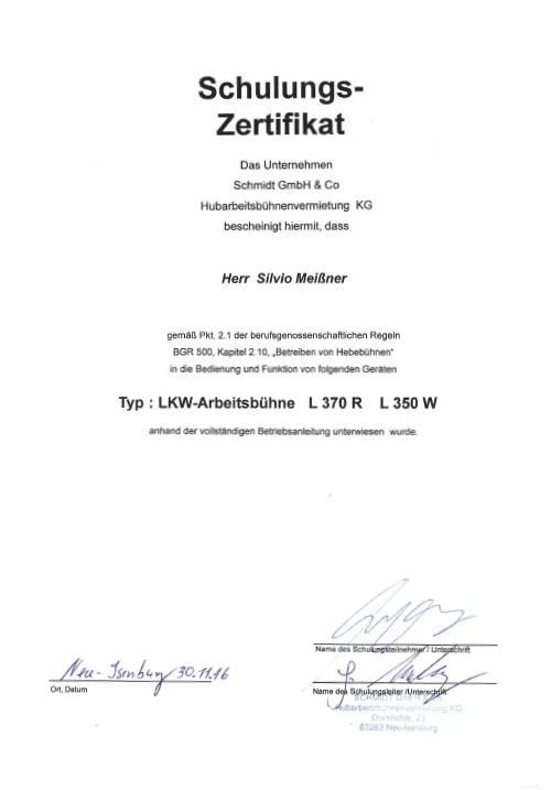Schulungszertifikat LKW-Arbeitsbühne