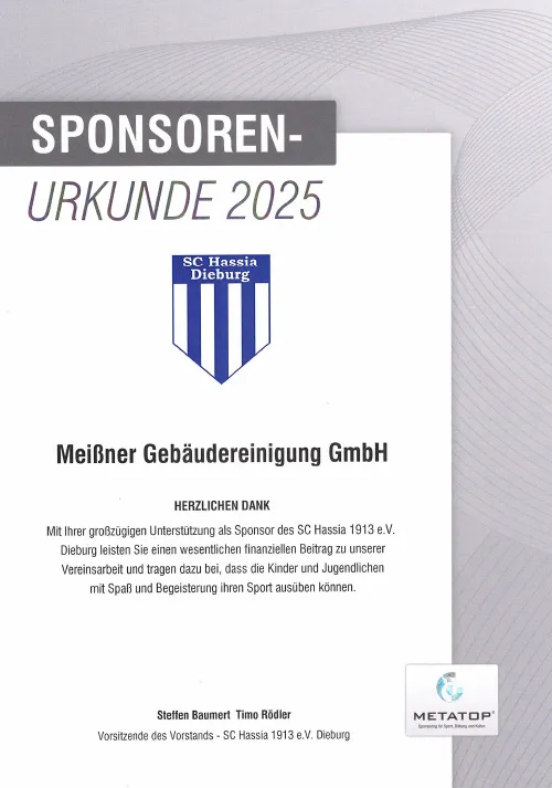 Sponsoren-Urkunde SC Hassia Dieburg